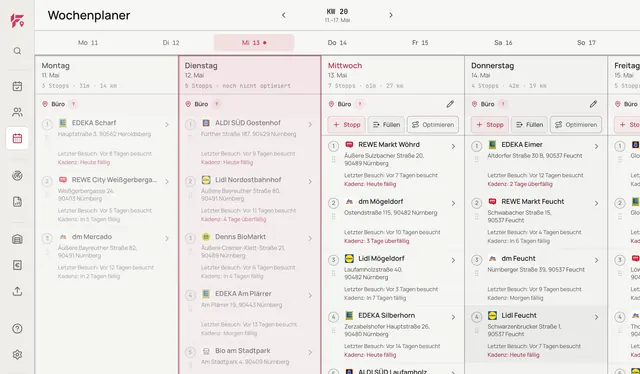 FieldProFlow im Browser: Tagesübersicht eines Handelsvertreters mit Demodaten